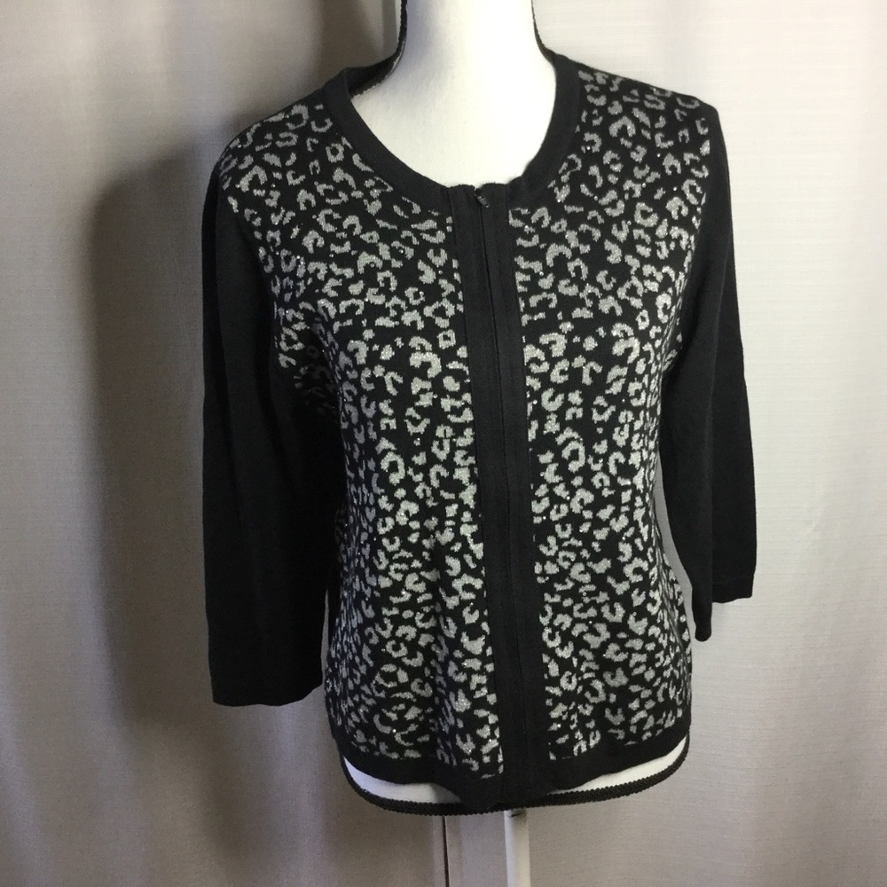 RUBY RD. Black Sweater Silver Glitter Animal Print